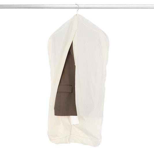 A brown suit jacket hanging inside a partially open white garment bag on a metal clothing rack.