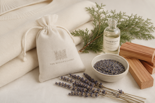 Cashmere care essentials with cedarwood, lavender, and folded sweaters