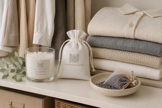 Closet with folded clothes, cedarwood freshener, and lavender sachets
