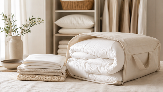 Comforter and folded bedding stored in a fabric storage bag