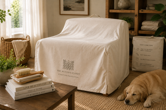 Covered armchair protected with a furniture cover in cozy room