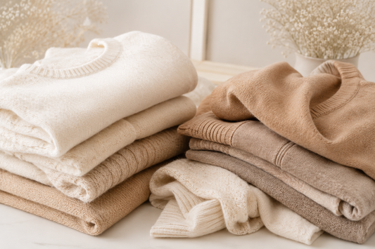 Folded cashmere sweaters neatly stacked for long-term storage indoors