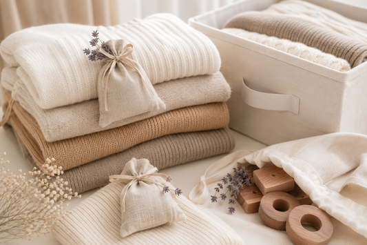 Folded sweaters with natural moth repellents for safe clothing storage
