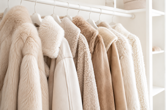 Fur and shearling coats hanging neatly in a home closet