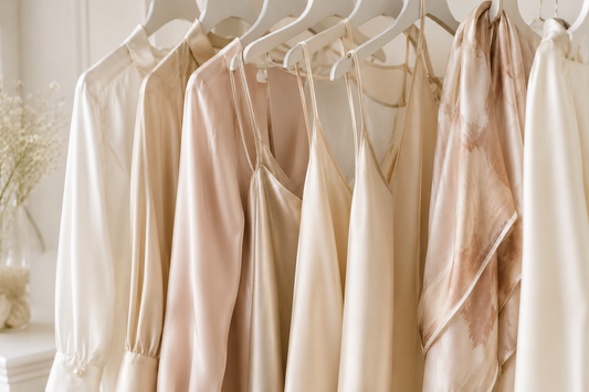 Silk garments hanging on white hangers in a wardrobe