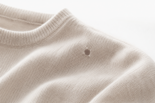 Small moth hole in a cream cashmere sweater close-up