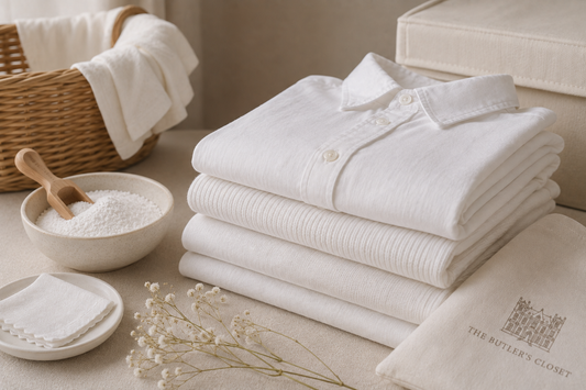Stacked white clothes with powder and laundry towels nearby